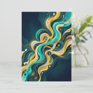 Elegant Teal Gold Abstract Flow Art Invitation