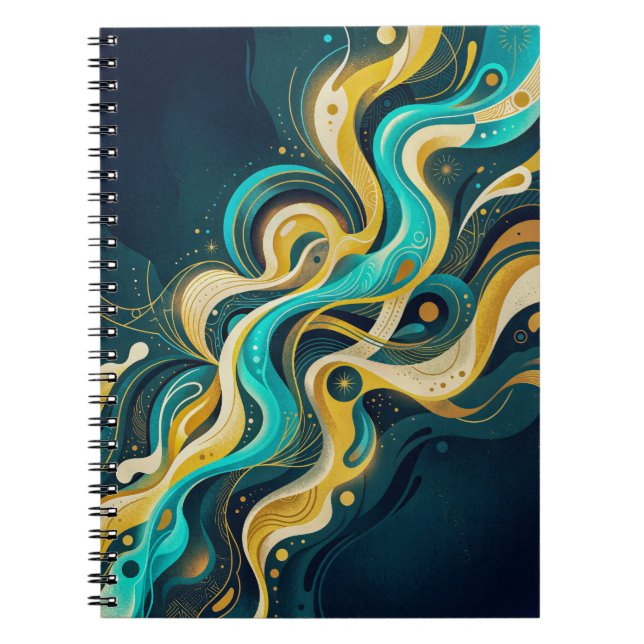 Elegant Teal Gold Abstract Flow Art Notebook (Front)