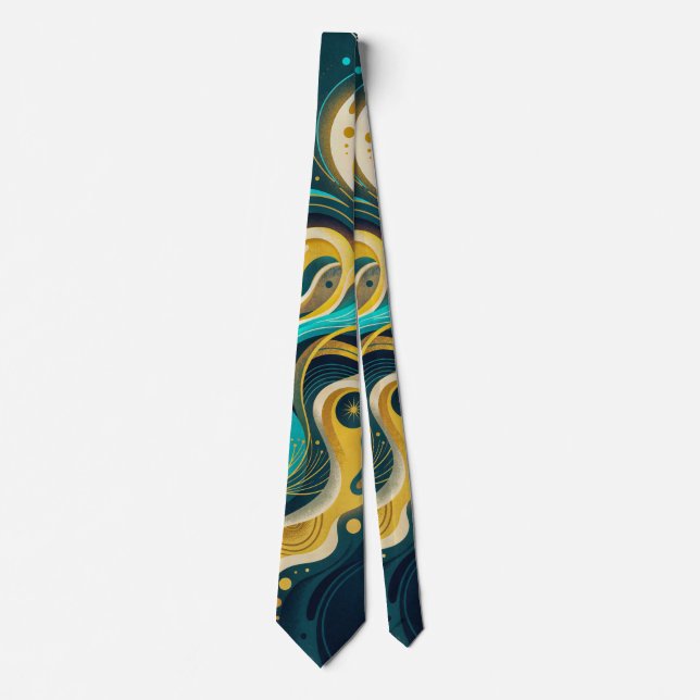 Elegant Teal Gold Abstract Flow Art Tie (Front)