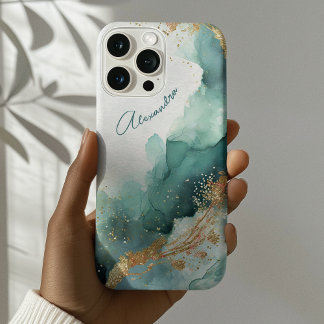 Elegant Teal Gold Abstract Watercolor Custom Name iPhone 16 Pro Max Case