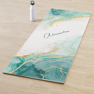 Elegant Teal Gold Abstract Watercolor Custom Name  Yoga Mat