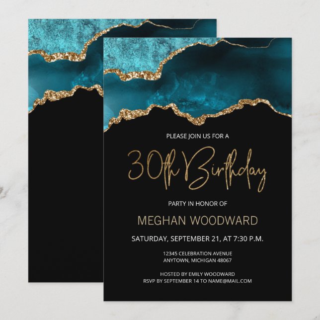 Elegant Teal Gold Agate 30th Birthday Invitation (Front/Back)