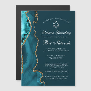 Elegant Teal Gold Agate Bat Mitzvah Party Magnetic Invitation