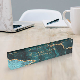 Elegant Teal Gold Agate Geode Professional Nameplate