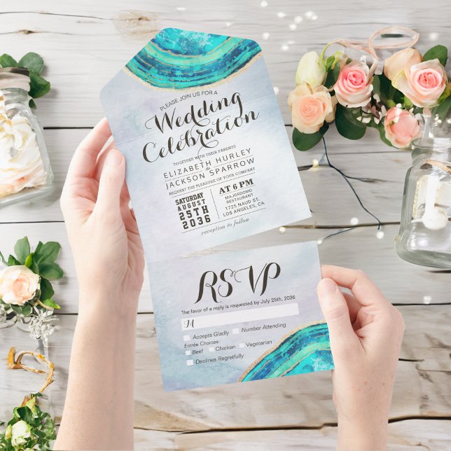Elegant Teal & Gold Agate Geode Slice Wedding RSVP All In One Invitation (Creator Uploaded)