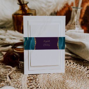 Elegant Teal Gold Agate Purple Wedding Invitation Belly Band