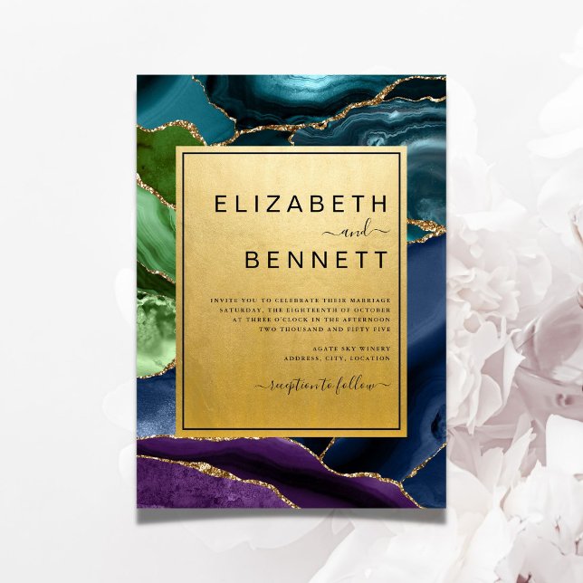 Elegant Teal Gold Agate Wedding Invitation (Creator Uploaded)