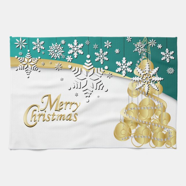 Elegant Teal, Gold and White Christmas Tea Towel (Horizontal)
