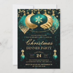Elegant Teal & Gold Baubles Christmas Dinner Party Invitation