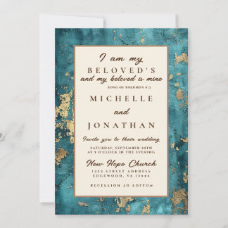 Elegant Teal Gold Bible Verse Christian Wedding Invitation
