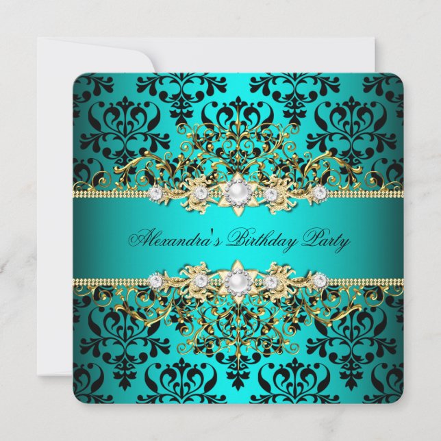 Elegant Teal Gold Black Damask Birthday Party Invitation (Front)