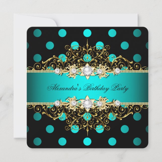 Elegant Teal Gold Black Polka Dots Birthday Party Invitation (Front)