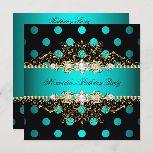 Elegant Teal Gold Black Polka Dots Birthday Party Invitation (Front/Back)