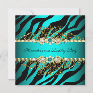 Elegant Teal Gold Black Zebra Birthday Party 2 Invitation