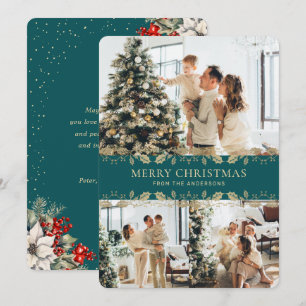 Elegant Teal Gold Botanical Photo Christmas Card