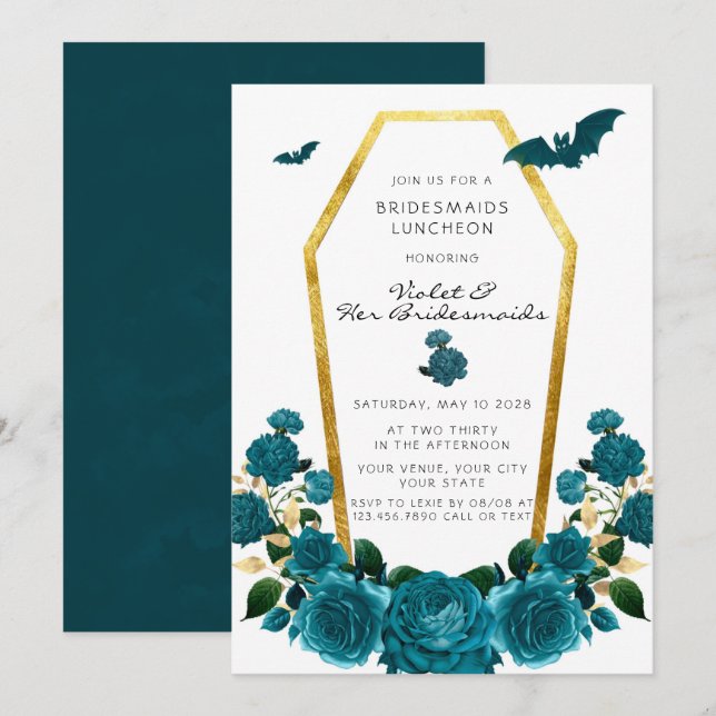 Elegant Teal Gold Coffin Floral Bridesmaids Lunch Invitation (Front/Back)