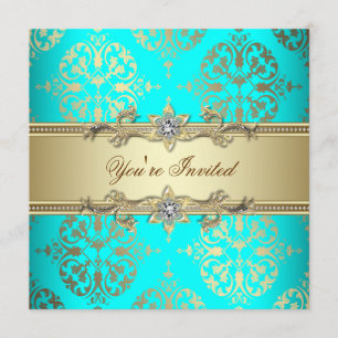 Elegant Teal Gold Damask Party Invitation