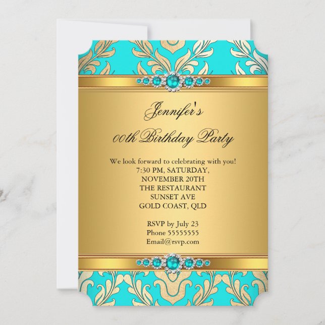 Elegant Teal Gold Damask Pearl Birthday Party Invitation (Front)