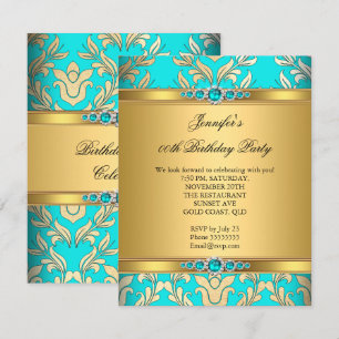 Elegant Teal Gold Damask Pearl Birthday Party Invitation
