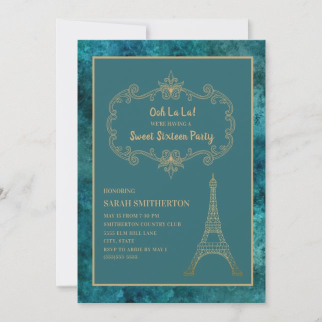 Elegant Teal Gold Eiffel Tower Sweet 16 Invitation (Front)
