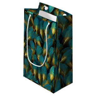 Elegant Teal Gold Feathers Small Gift Bag