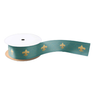 Elegant Teal & Gold Fleur De Lis Ribbon Satin Ribbon