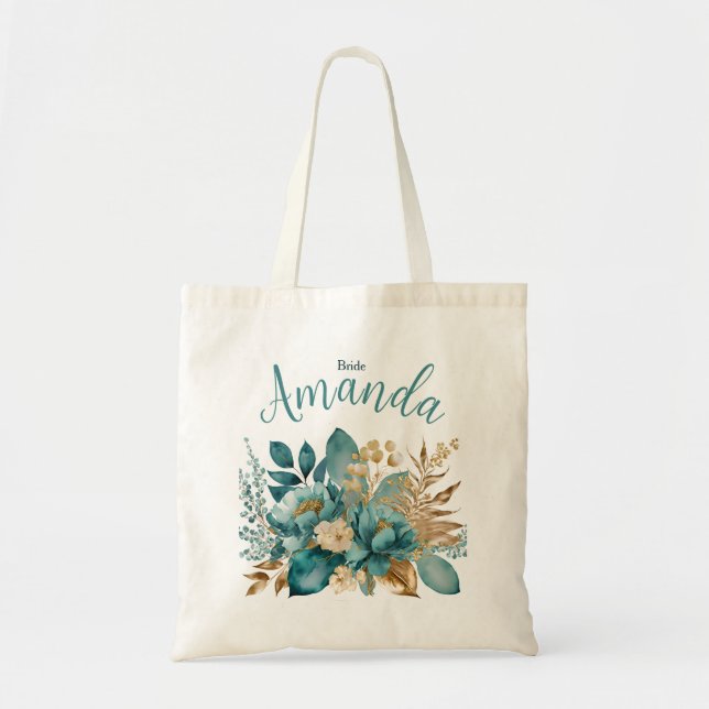 Elegant Teal & Gold Floral bride Tote Bag (Front)