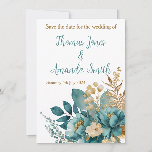 Elegant Teal & Gold Floral Flat Save The Date Card (Front)