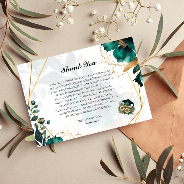 Elegant Teal & Gold Floral Graduation Thank You  Invitation (Creator Uploaded)