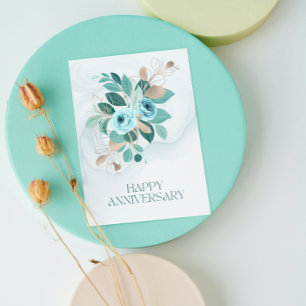 Elegant Teal Gold Floral Happy Anniversary Holiday Card