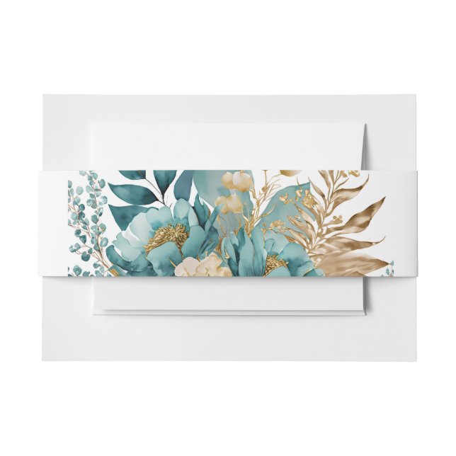 Elegant Teal & Gold Floral  Invitation Belly Band (Front Example)