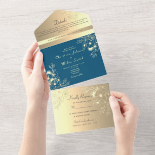 Elegant Teal Gold Floral Photo Wedding All In One Invitation