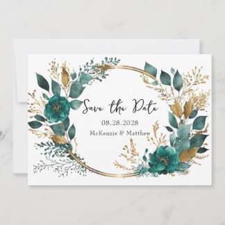 Elegant Teal Gold Floral Save the Date Cards