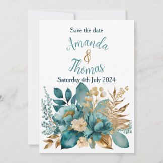 Elegant Teal & Gold Floral save the date Invitation