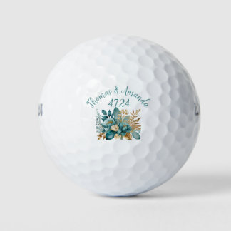 Elegant Teal & Gold Floral Wedding favour Golf Balls