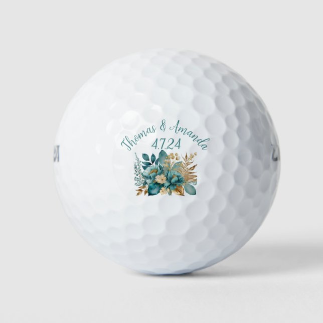 Elegant Teal & Gold Floral Wedding favour Golf Balls (Front)