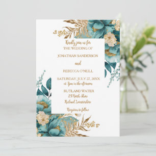 Elegant Teal & Gold Floral wedding Invitation