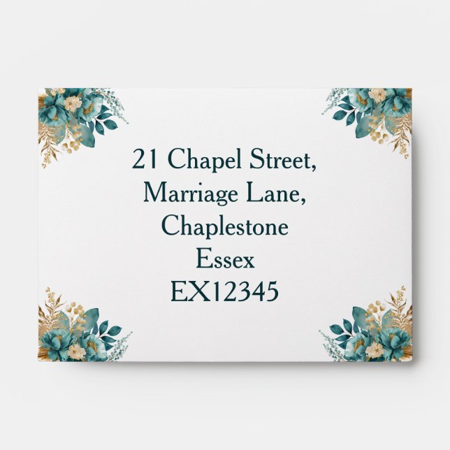 Elegant Teal & Gold Floral Wedding Invitation Envelope (Front)