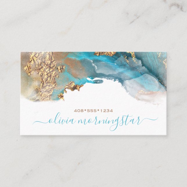 Elegant Teal Gold Fluid  Alcohol Ink Business Card (Front)