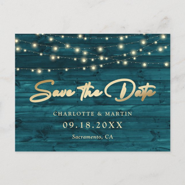 Elegant Teal Gold Foil Wood Save The Date Announcement Postcard (Front)