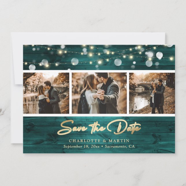 Elegant Teal Gold Foil Wood Wedding 3 Photo Save The Date (Front)