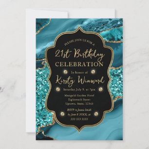 Elegant Teal & Gold Glitter Agate 21st Birthday Invitation