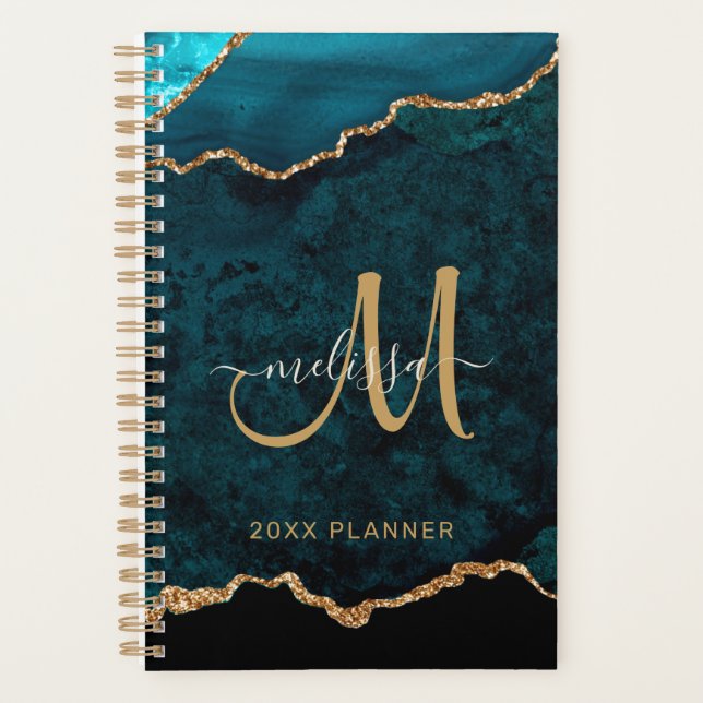 Elegant Teal Gold Glitter Agate Monogram 2024 Planner (Front)