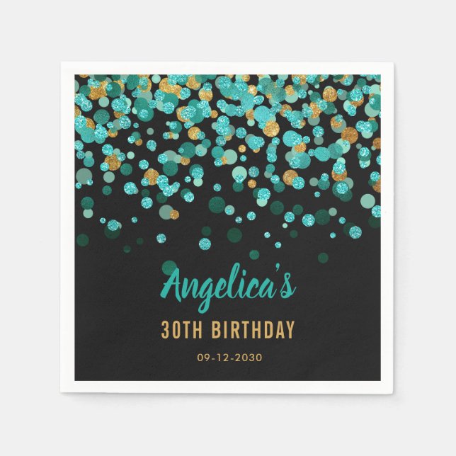 Elegant Teal Gold Glitter Confetti Black Birthday Napkin (Front)