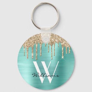 Elegant Teal Gold Glitter Drips Monogram Name Key Ring