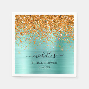Elegant Teal Gold Glitter Sparkle Name Script Napkin