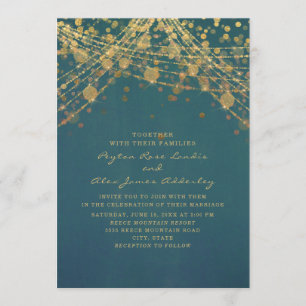 Elegant Teal Gold Glitter String Lights Wedding Invitation