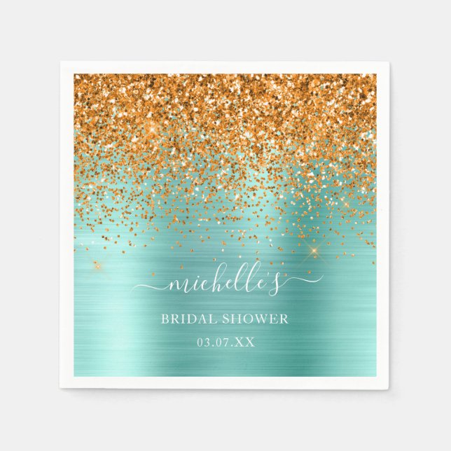 Elegant Teal Gold Glitter White Sparkle Name Napkin (Front)