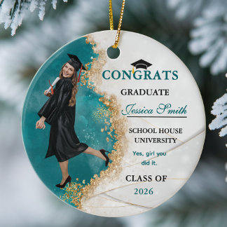 Elegant Teal & Gold Graduate Personalized Photo  Ceramic Tree Decoration