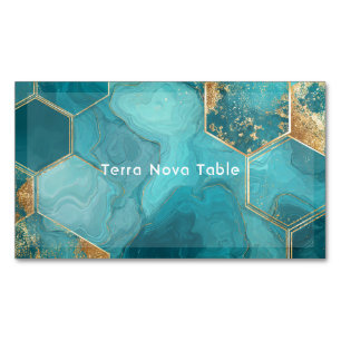 Elegant Teal Gold Hexagon Geometric Liquid Marble Magnetic Business Card